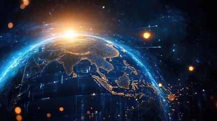 Poster - A glowing digital globe focused on Asia and the Middle East, representing international data transfer and global telecommunication.