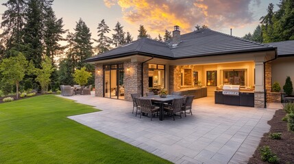 Wall Mural - Gorgeous exterior of a luxury home at dusk. boasts a sizable covered patio with outdoor seating, a grill, and a table and chairs