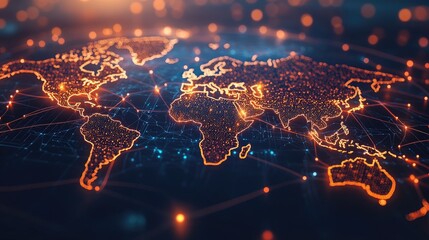 Poster - A glowing, abstract world map with lines and nodes, illustrating global network connectivity and cyber technology