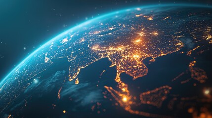 Poster - A glowing digital globe focused on Asia and the Middle East, representing international data transfer and global telecommunication.