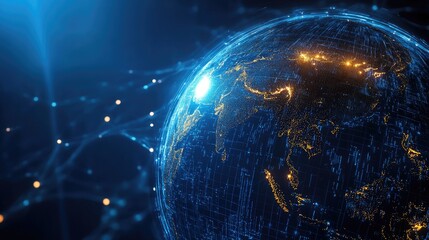 Poster - A glowing digital globe focused on Asia and the Middle East, representing international data transfer and global telecommunication.