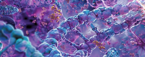 Poster - Intricate molecular structure showcasing vibrant colors in cellular biology with elements of DNA and protein interactions.