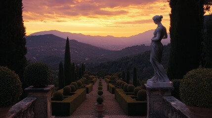 Majestic Sunset Over Scenic Italian Garden with Marble Statue