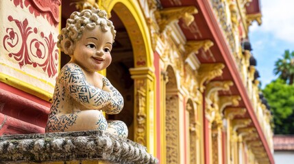 Colorful Temple Architecture with Smiling Child Statue in Ornate Asian Design