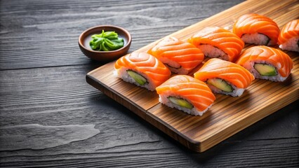 Wall Mural - Sushi with fresh salmon slices on wooden cutting board, Sushi, Salmon, Japanese cuisine, Food, Fresh, Seafood, Culinary