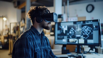 Man wearing VR headset in front of computer.