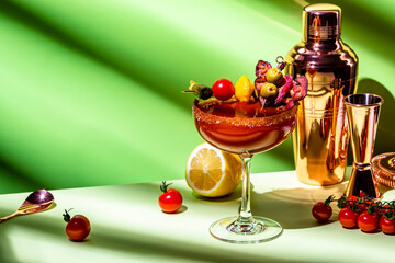 Wall Mural - Tomato juice and vodka alcoholic cocktail drink with smoked bacon, celery, hot sauce, pickles and ice in glass with salt and red pepper. Green background, hard light