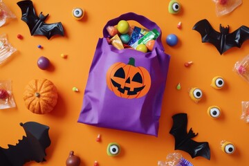 Purple Halloween bag filled with candy on an orange background