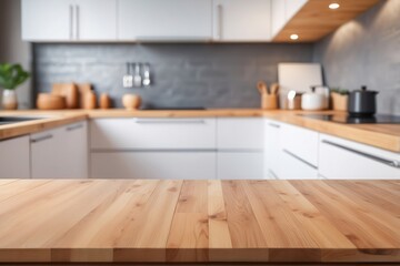 Wall Mural - Wooden Countertop with Blurred Modern Kitchen Background