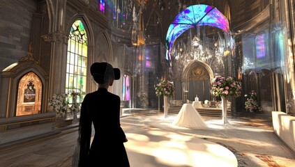 Woman in black dress standing in a cathedral.