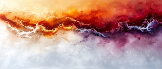 Wall Mural -  A red, orange, and yellow abstract painting against a white and blue backdrop, featuring leftward streaks of radiating light