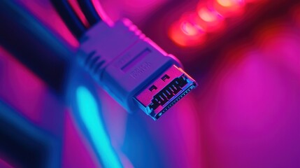 Wall Mural - An Ethernet cable with a disconnected RJ45 connector is highlighted by a vibrant pink and blue neon light, suggesting a tech or networking theme.