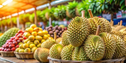 Ripe durian fruit for sale at a bustling local market , tropical, exotic, spiky, pungent, thorny, king of fruits, southeast asia