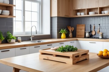 Wall Mural - Wooden Cutting Board with Greens on Kitchen Table