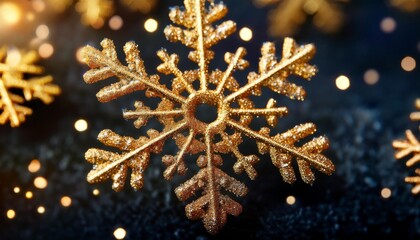 Sticker - stunning close up of golden snowflakes glittering on a dark background perfect for capturing the magical essence of the holiday season