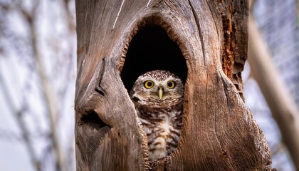 northern spotted owl peeking from tree hollow