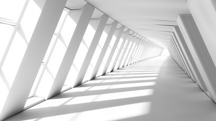 Aufkleber - Futuristic Abstract Background with Diminishing Perspective in White Color, Perfect for Creative Design, Featuring a Bright Entrance Hall with Glowing Illuminated Elements and Digital Graphics