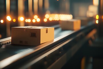 Poster - Conveyor Belt Moving Cardboard Boxes Through a Warehouse: A Glimpse into the Automated World of Logistics