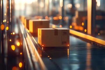 Poster - Boxes Moving on Conveyor Belt in Warehouse with Sunset Glow