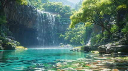 Wall Mural - Picturesque Mountain Landscape with Waterfall