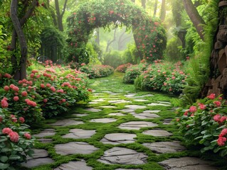 Wall Mural - Enchanting Garden Path with Pink Flowers, Stone Walkway