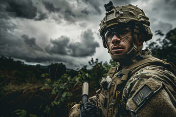Leinwandbilder - European man wearing military uniform with camouflage generative Ai