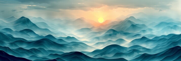 Wall Mural - Ocean Sunset, Mountain Range, Waves, Relaxing Atmosphere