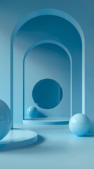 Poster - A tranquil space features rounded blue arches and glossy spheres, creating a minimalist ambiance filled with soft light