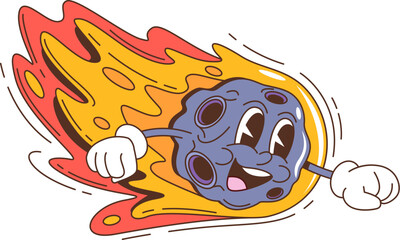 Leinwandbilder - Retro groovy asteroid or comet cartoon character with funky funny face, vector 70s comic art. Groovy space asteroid or galaxy comet meteor with fire tail and happy smiling face for emoji or emoticon
