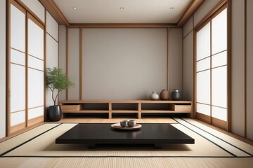 Wall Mural - Minimalist Japanese-style living room with wooden shelves, a black coffee table, and tatami mats.