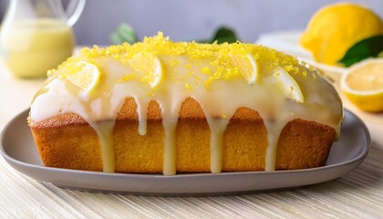 glazed lemon pound cake loaf with lemon zest closeup on the plate on the table horizontal