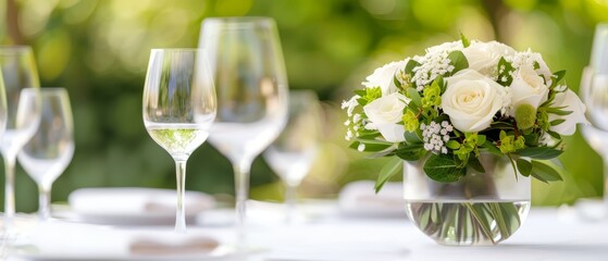  A table holds a vase filled with white flowers Nearby, wine glasses and an uncorked bottle of wine are present