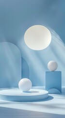 Poster - Soft blue background with geometric shapes and spheres creates a serene and minimal atmosphere, beautifully illuminated by gentle daylight