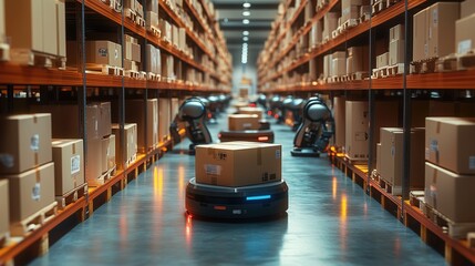 Poster - Multiple AGVs Working in Automated Warehouse. Multiple AGVs working together in an automated warehouse, illustrating the integration of robotics and automation in industrial logistics.
