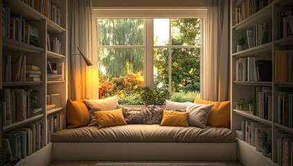 Poster - Cozy window seat with bookshelves and a view of a