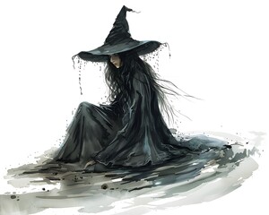 Haunting illustration of a mysterious witch in dark robes sitting pensively with a wide-brimmed hat, isolated on a white background.