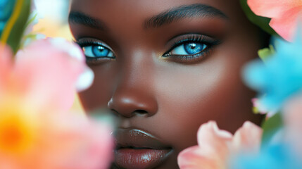 Close-up portrait of a 40-year-old black woman with deep black skin and blue eyes, surrounded by pastel flowers, hyper-realistic details, soft lighting, calm mood, fashion vogue style