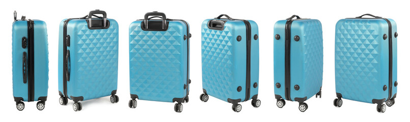 Sticker - Set of light blue suitcase on white background, view from different sides