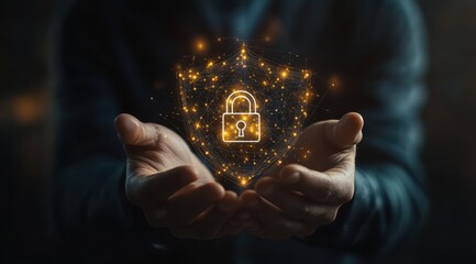 Poster - A businessman holding in his hands a virtual digital padlock and shield icon with a network connection. 