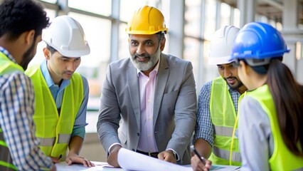 Indian Architect at Construction Meeting - Architect actively participating in a construction site meeting with team members.
