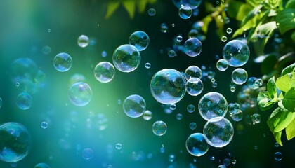 Wall Mural - a cluster of buoyant bubbles bobbing atop a azure and verdant backdrop featuring numerous bubbles interspersed amongst them