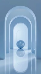 Poster - A tranquil minimalist environment showcases rounded arches and a reflective blue orb, creating a serene atmosphere with soft blue hues