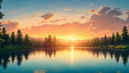 Wall Mural - lake with surrounding trees sunset background design cartoon anime illustration