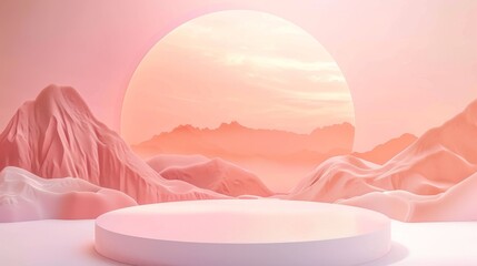 Poster - Soft pastel colors create a tranquil atmosphere with mountains and a prominent sun setting in the background, perfect for product displays