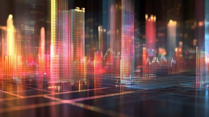 Fototapete - A 3D chart with multiple layers of transparent bars rising from a grid, illustrating complex data trends in a visually striking manner.