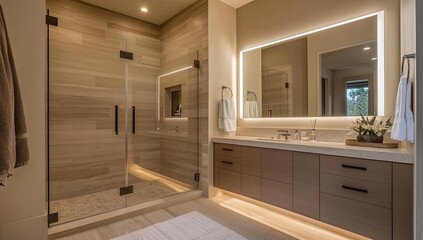 Wall Mural - Modern bathroom with walk-in shower and vanity.