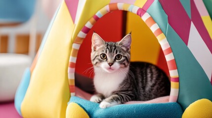 Poster - A close-up of a colorful, playful cat house shaped like a house or a tent, with soft materials and a fun design that attracts cats