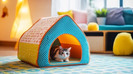 Poster - A close-up of a colorful, playful cat house shaped like a house or a tent, with soft materials and a fun design that attracts cats