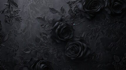 A textured black background adorned with dark roses and floral patterns.