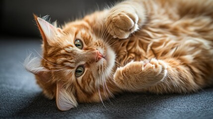 Aufkleber - A fluffy orange tabby cat lying on its back with its paws in the air, displaying a playful and relaxed attitude.